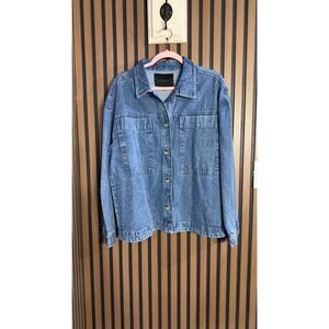 Laffaire Denim Trucker Jacket Medium Wash Oversized Button Front Shirt Style